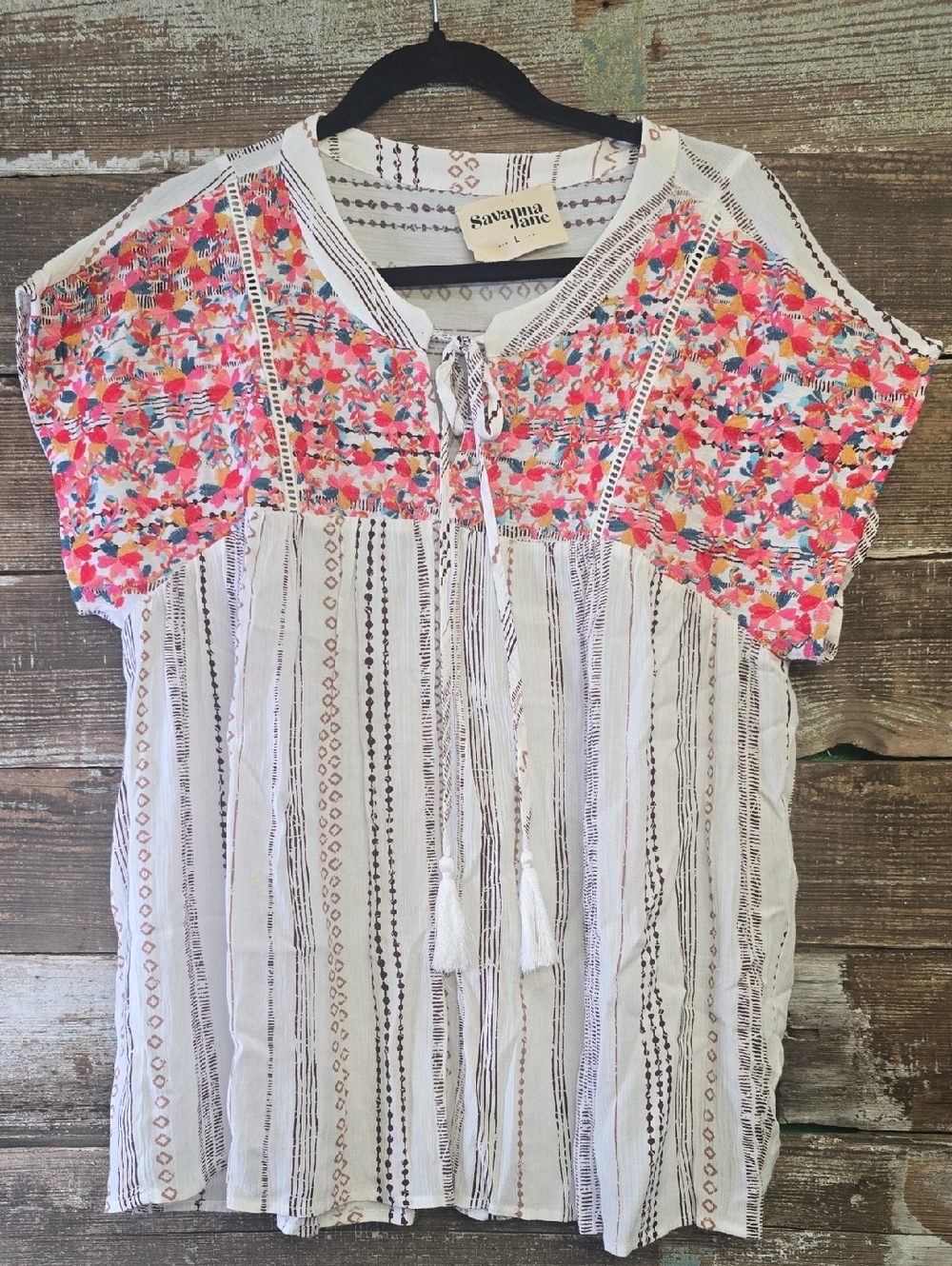 Savanna Jane White Boho Peasant Top with Pink Floral Yoke, Size L